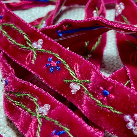 Beaded and Embroidered Ribbon - Raspberry